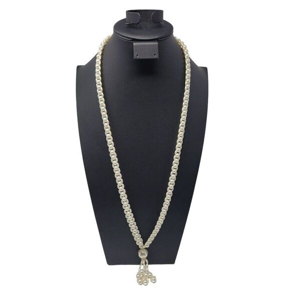 Vintage Faux Pearl Intricate Woven Opera Necklace Pearl Tassel Pendant Statement - Picture 5 of 8